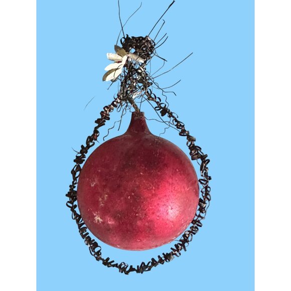 Antique German c1930 Blown Glass Indented Red Ornament With Wire Hanger 2.5" Vin - Picture 4 of 4